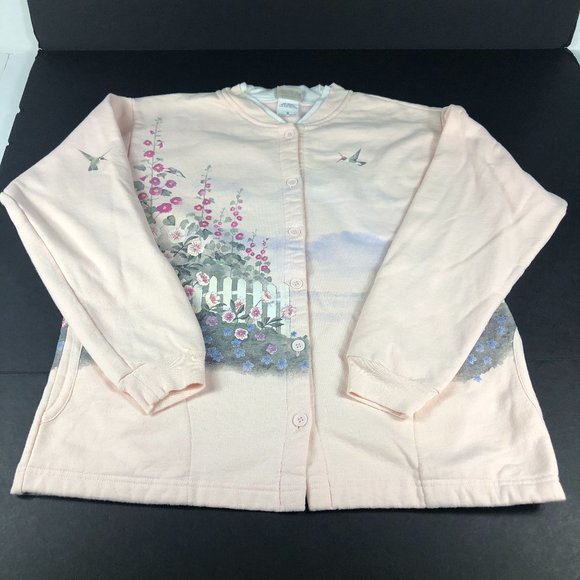 VTG Artisans Floral Light House Button Up Sweater Adult Medium Pink Nature Birds - Picture 1 of 11